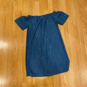 Dark Chambray Off the Shoulder Mid-Length Dress